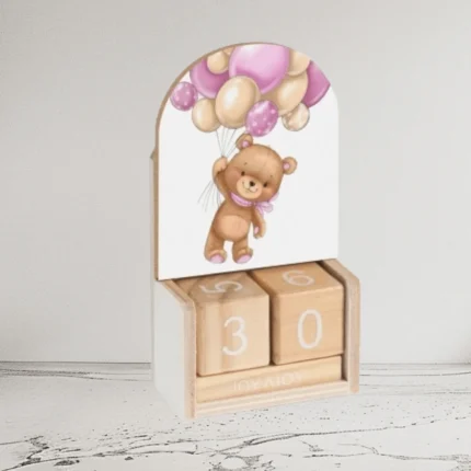 Μπομπονιέρα Βάπτισης Ξύλινο Ημερολόγιο με Αρκουδάκι & Μπαλόνια