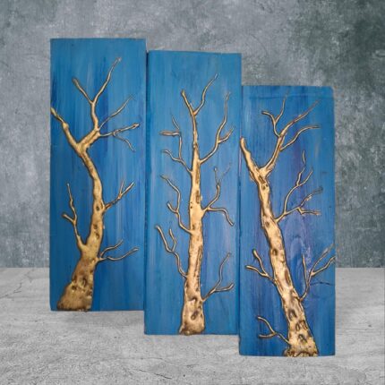 Χειροποίητος Ξύλινος Πίνακας Τοίχου «Χρυσά Δέντρα» – Rustic Wall Art
